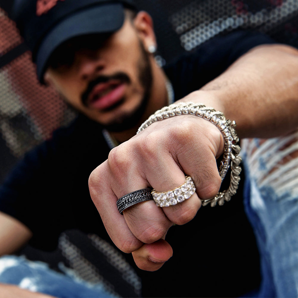 Iced Out Moissanite Cuban Link Rotating Mens Ring in Black Gold