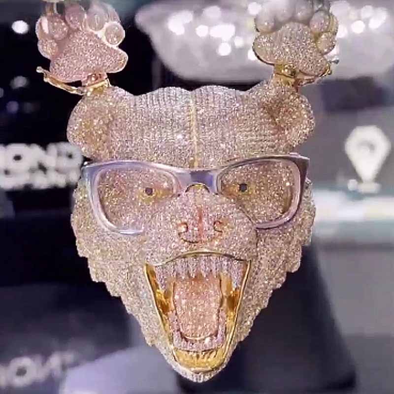 3-D S925 Moissanite Diamond Wearing Glasses Bear Pendant Set
