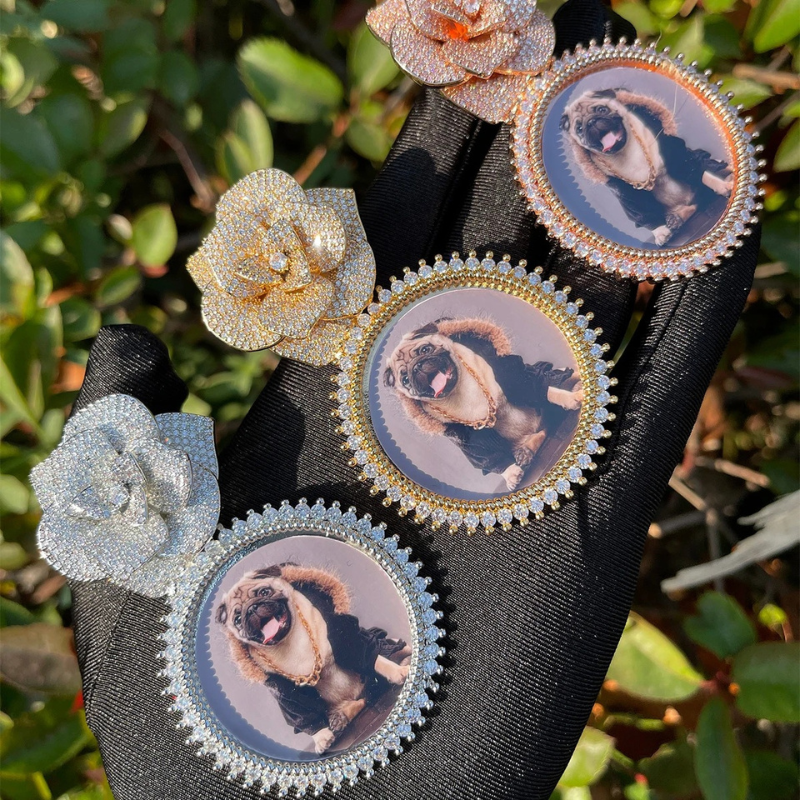 Moissanite Rose Button Round Customized Photo Pendant