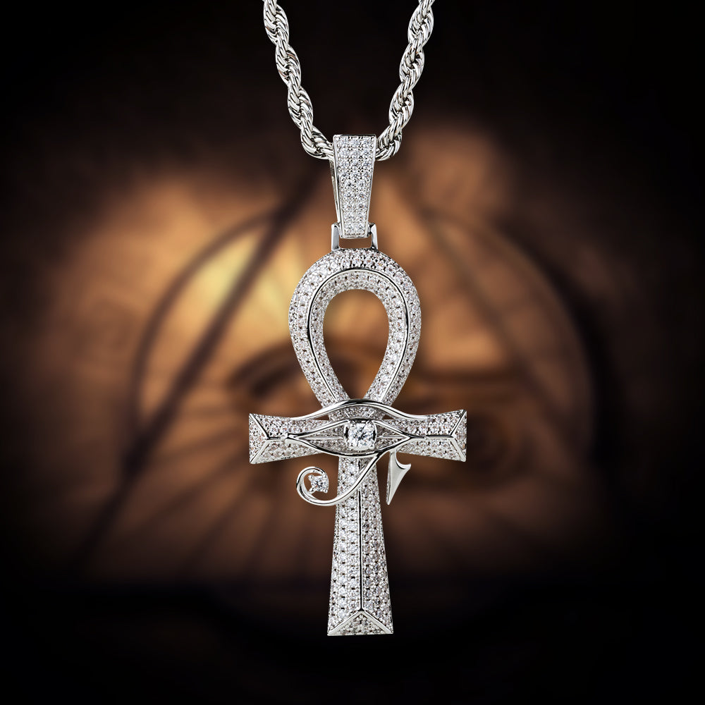Iced Out The Eye Of Horus Ankh Mens Cross Moissanite Pendant in White Gold