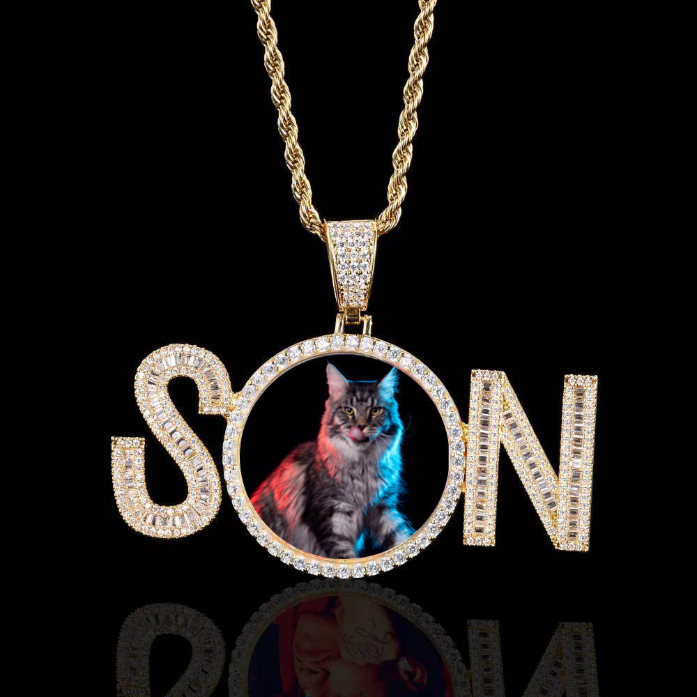 Iced Custom SN Baguette Cut Heart Photo Moissanite Pendant