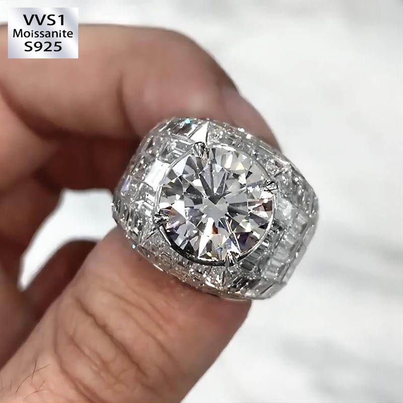 5.8 CT Moissanite Round& Emerald Cut Ring