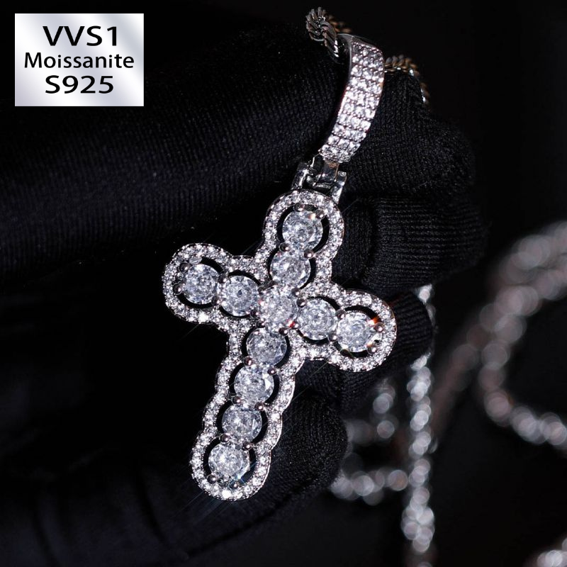 Iced Hollow Round Cut Cross Moissanite Pendant in White Gold