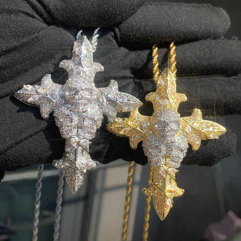 Moissanite Hip Hop Skull Rose Cross Pendant
