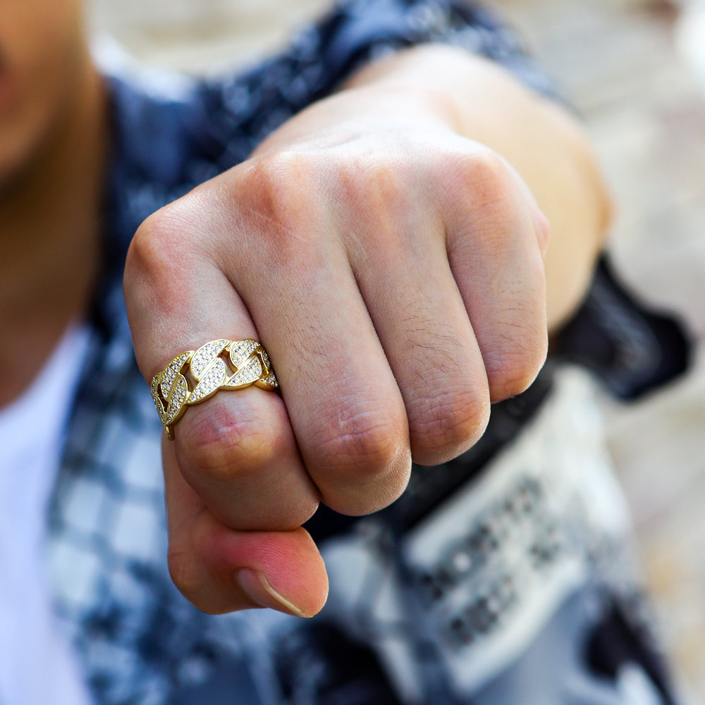 Street Style | Iced Out Cuban Mens Ring in 14K Gold