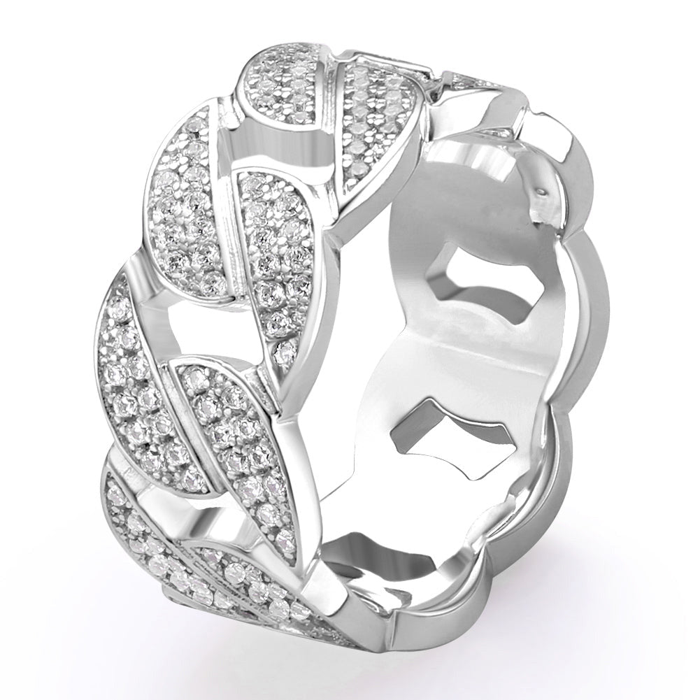 Iced Out Moissanite Cuban Link Mens Ring in White Gold
