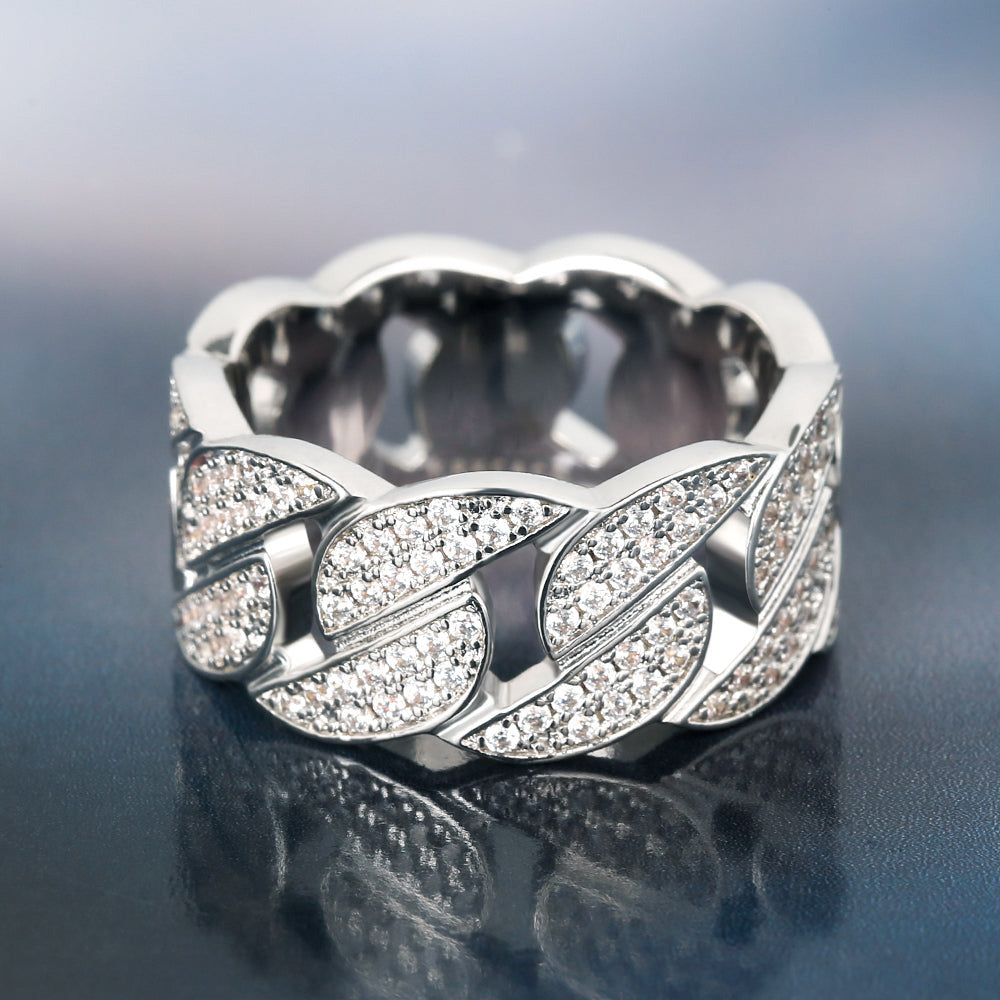 Iced Out Moissanite Cuban Link Mens Ring in White Gold