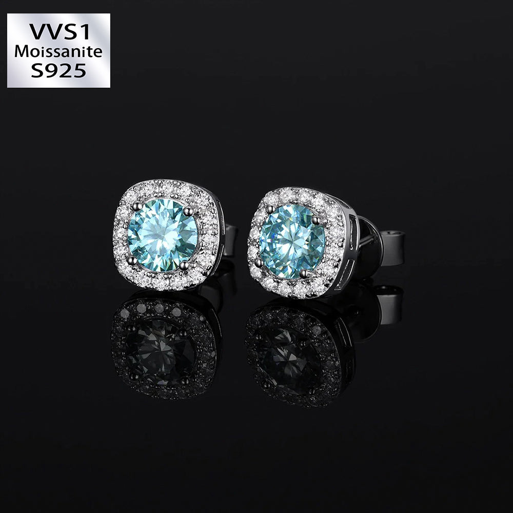 Total 2 Carats S925 Blue VVS1 Moissanite Square Stud Earrings