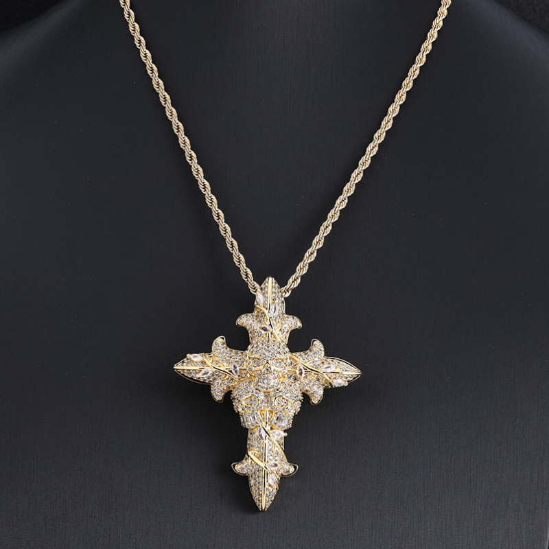 Moissanite Hip Hop Skull Rose Cross Pendant