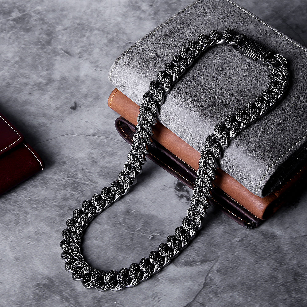 13mm Moissanite Iced Out Cuban Link Black Stone for Men's Chain