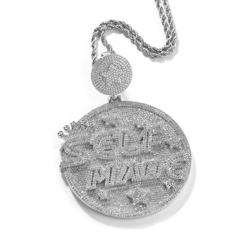 Moissanite Personality Hip Hop "SELF MANG" Letter Large Disc Pendant