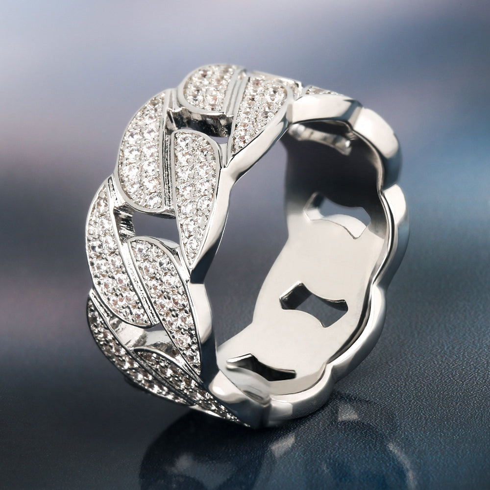 Iced Out Moissanite Cuban Link Mens Ring in White Gold