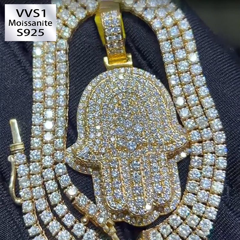 S925 Silver Moissanite Hamsa Hand Pendant Tennis Chain Set