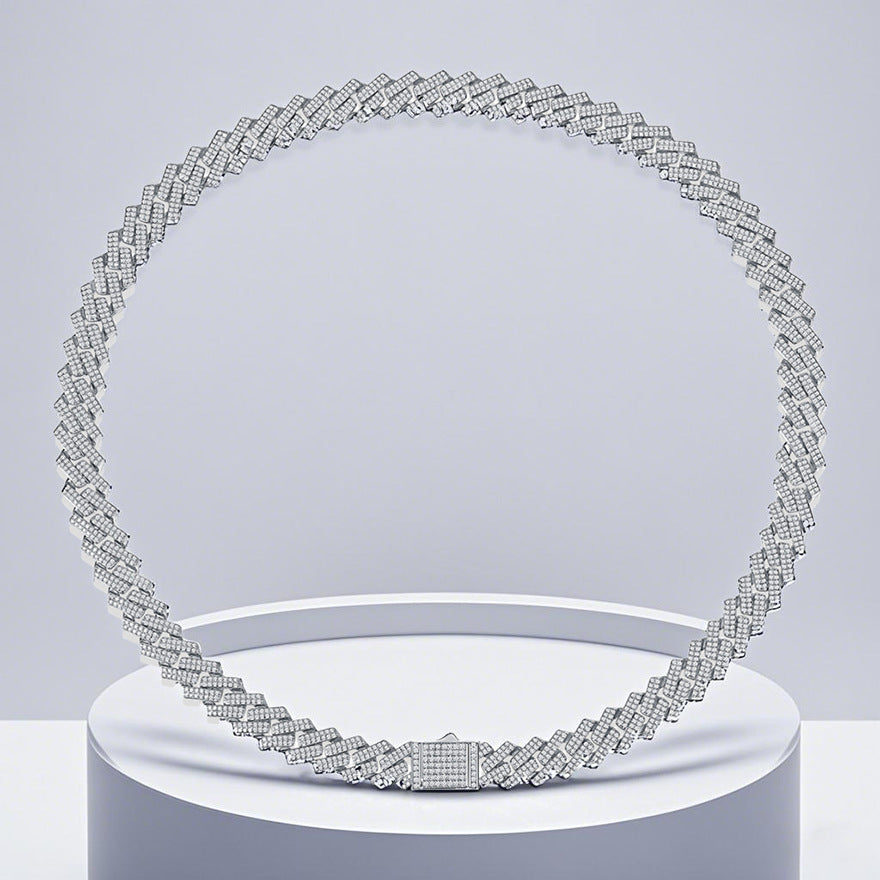 Kalung Rantai Pria Hip-hop S925 Perak Moissanite Rhombus Cuban, Aksesoris Mode Mewah