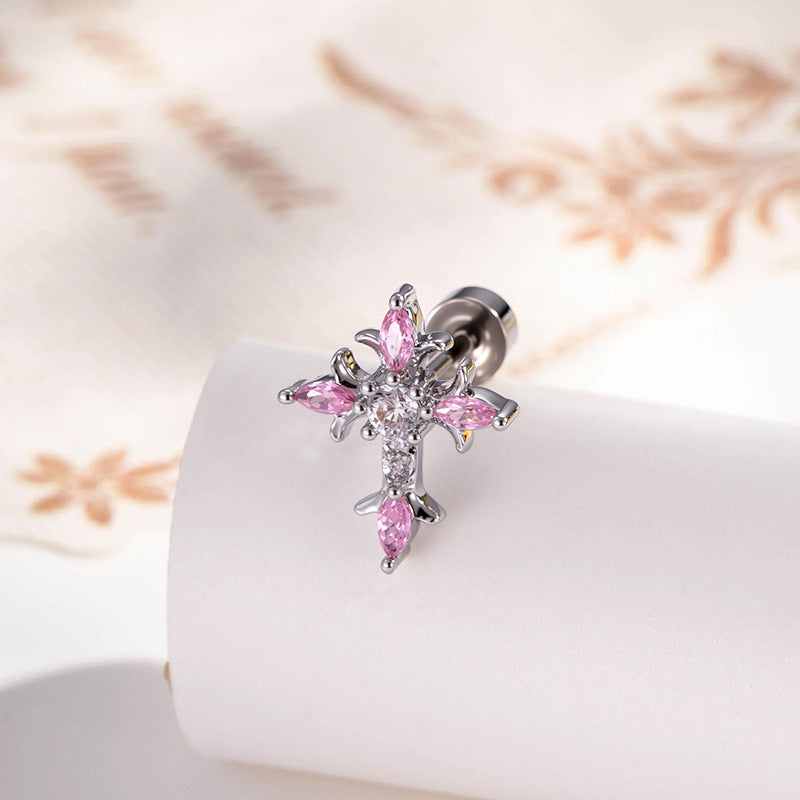 Sterling Silver Floral Cross Bullet Back Earring【A pair of earrings】