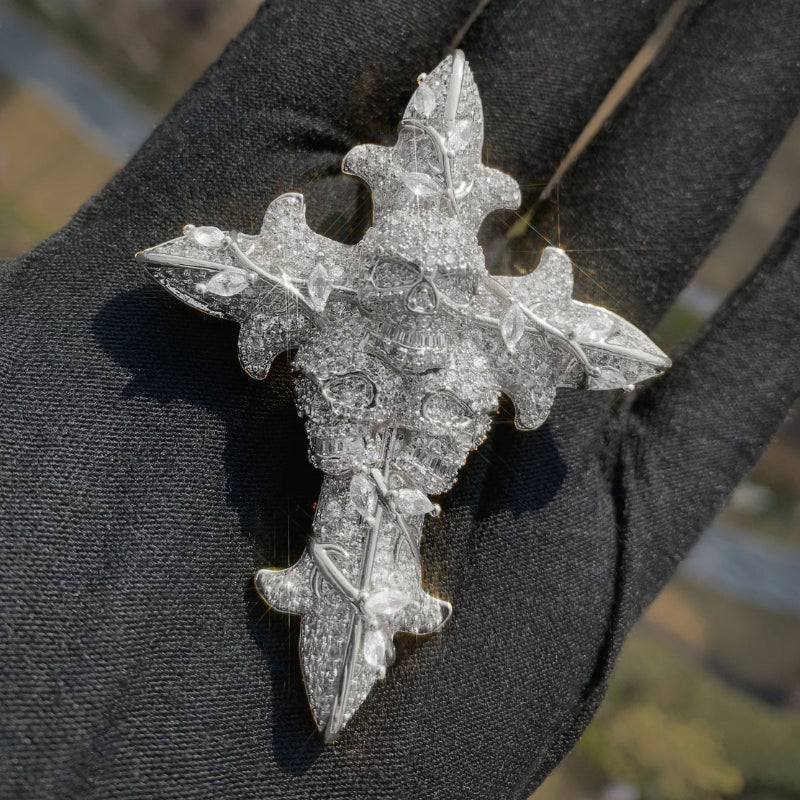 Moissanite Hip Hop Skull Rose Cross Pendant