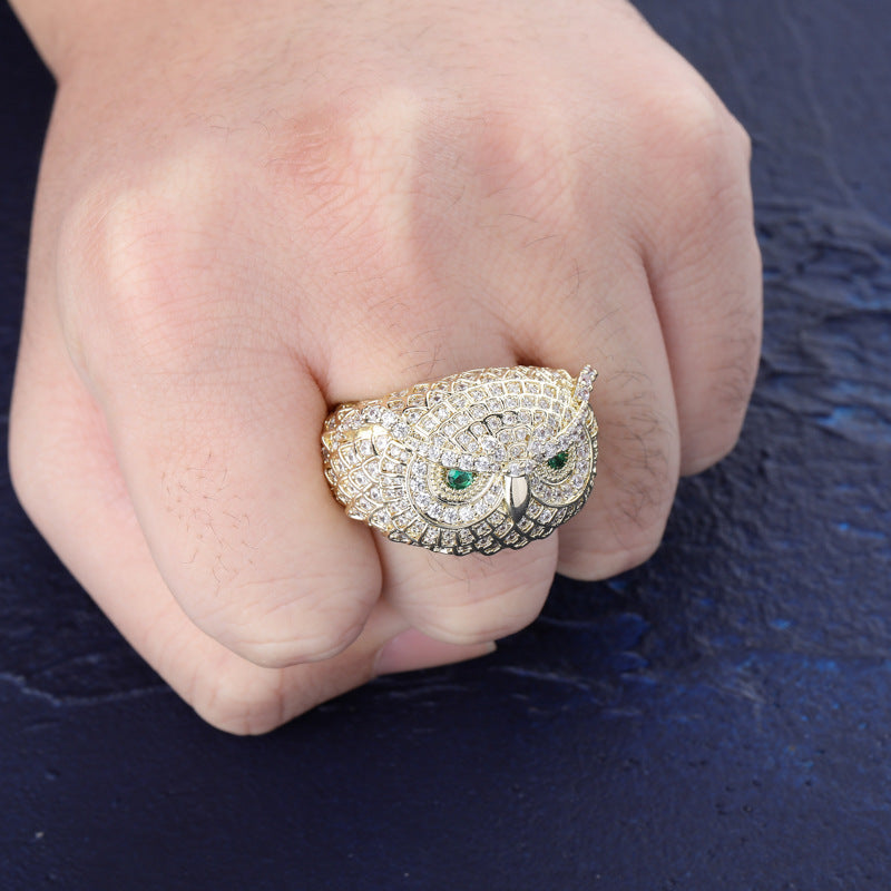 18K Gold Plated Moissanite Owl with Jewel Hip Hop Ring