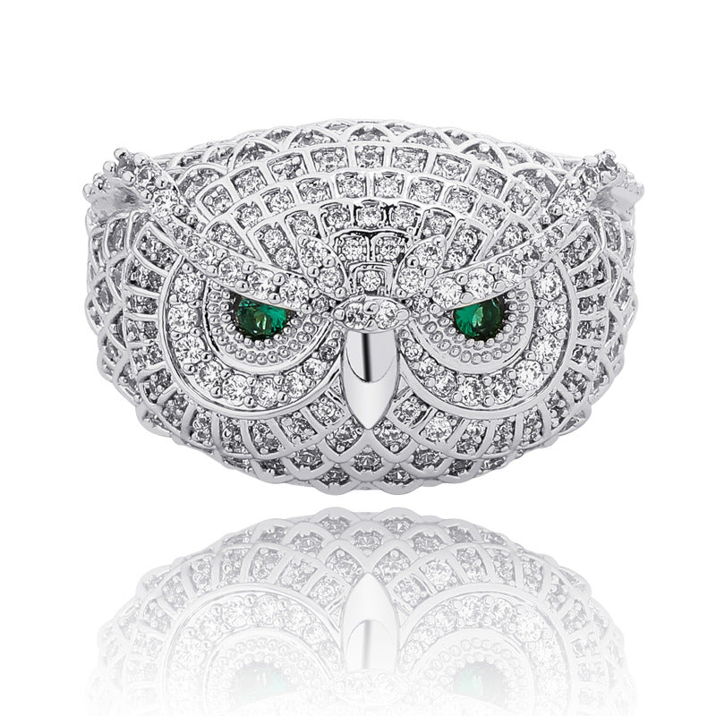18K Gold Plated Moissanite Owl with Jewel Hip Hop Ring