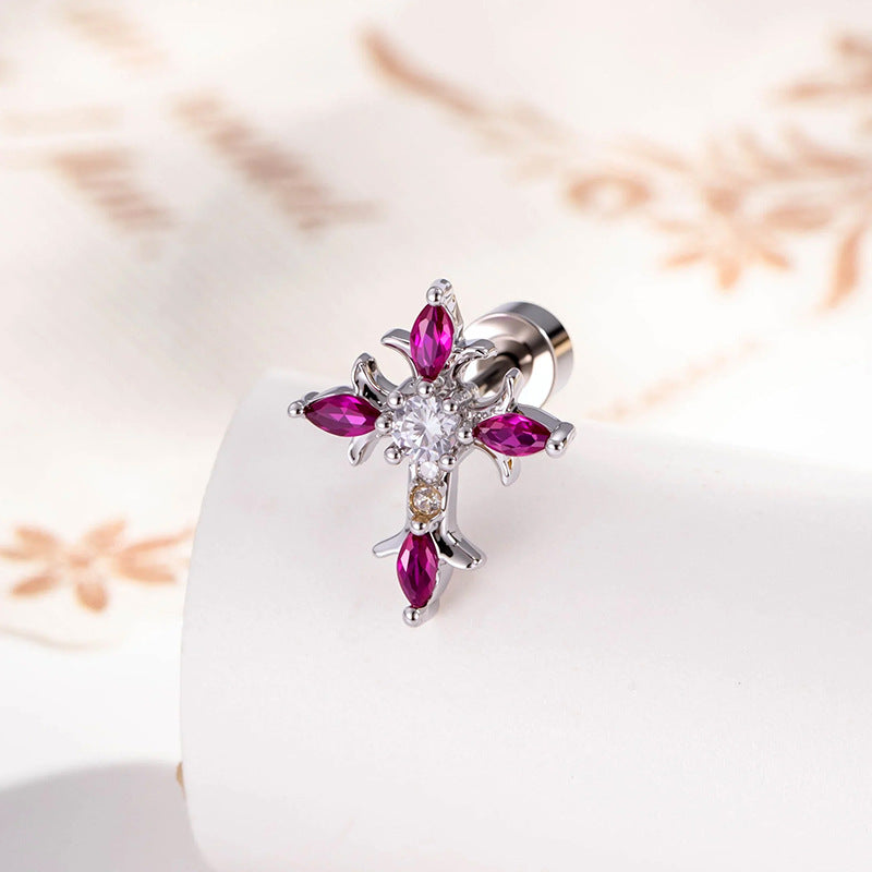 Sterling Silver Floral Cross Bullet Back Earring【A pair of earrings】