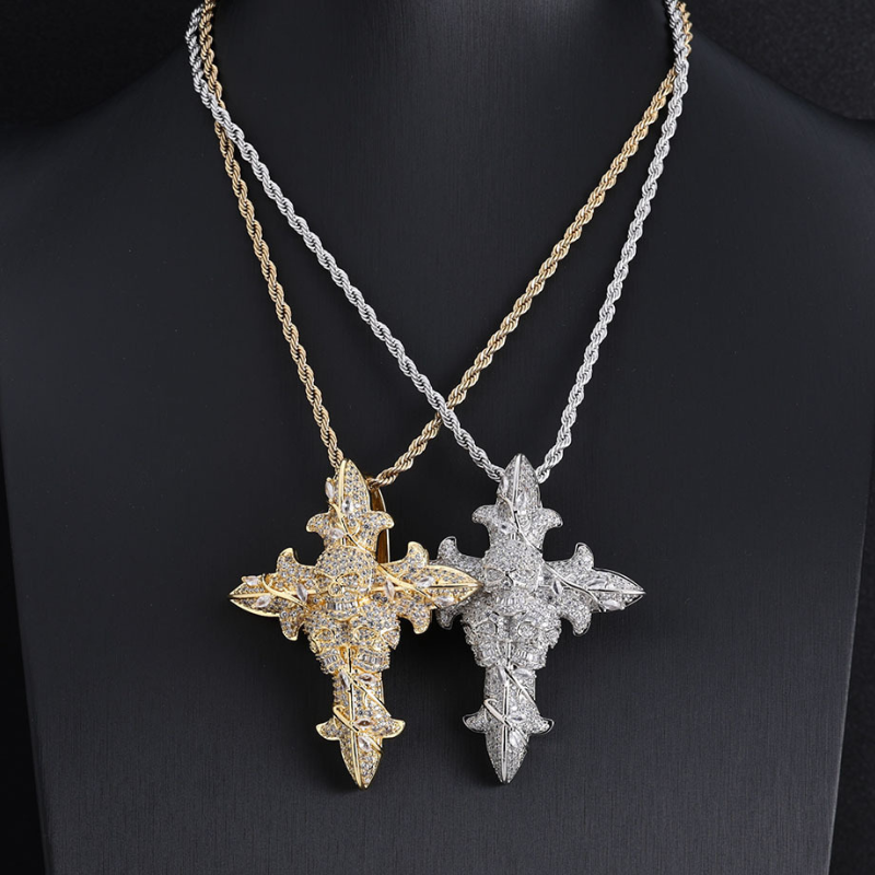 Moissanite Hip Hop Skull Rose Cross Pendant