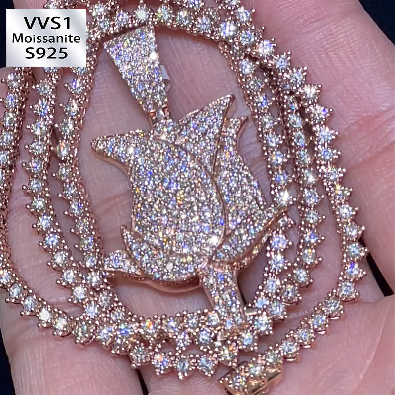 Rose 4mm Three Prong Moissanite Tennis Chain Pendant Set