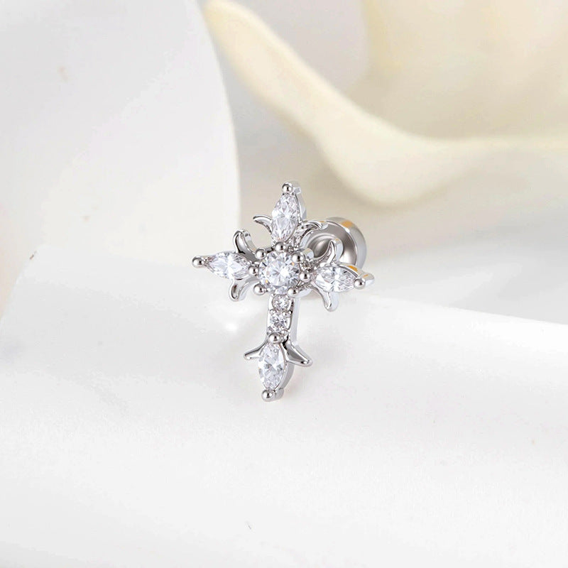 Sterling Silver Floral Cross Bullet Back Earring【A pair of earrings】