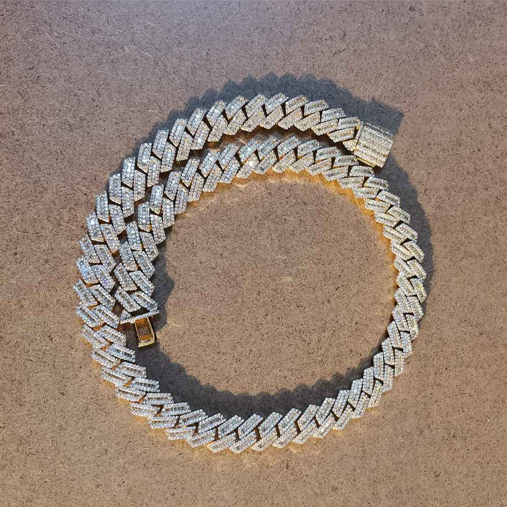 12mm Prong Baguette Cuban Chain - 18K Gold Plated