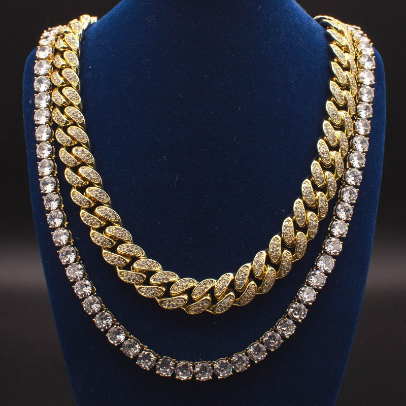 Moissanite Cuban Link + Tennis Chain Bundle in 18K Gold Set