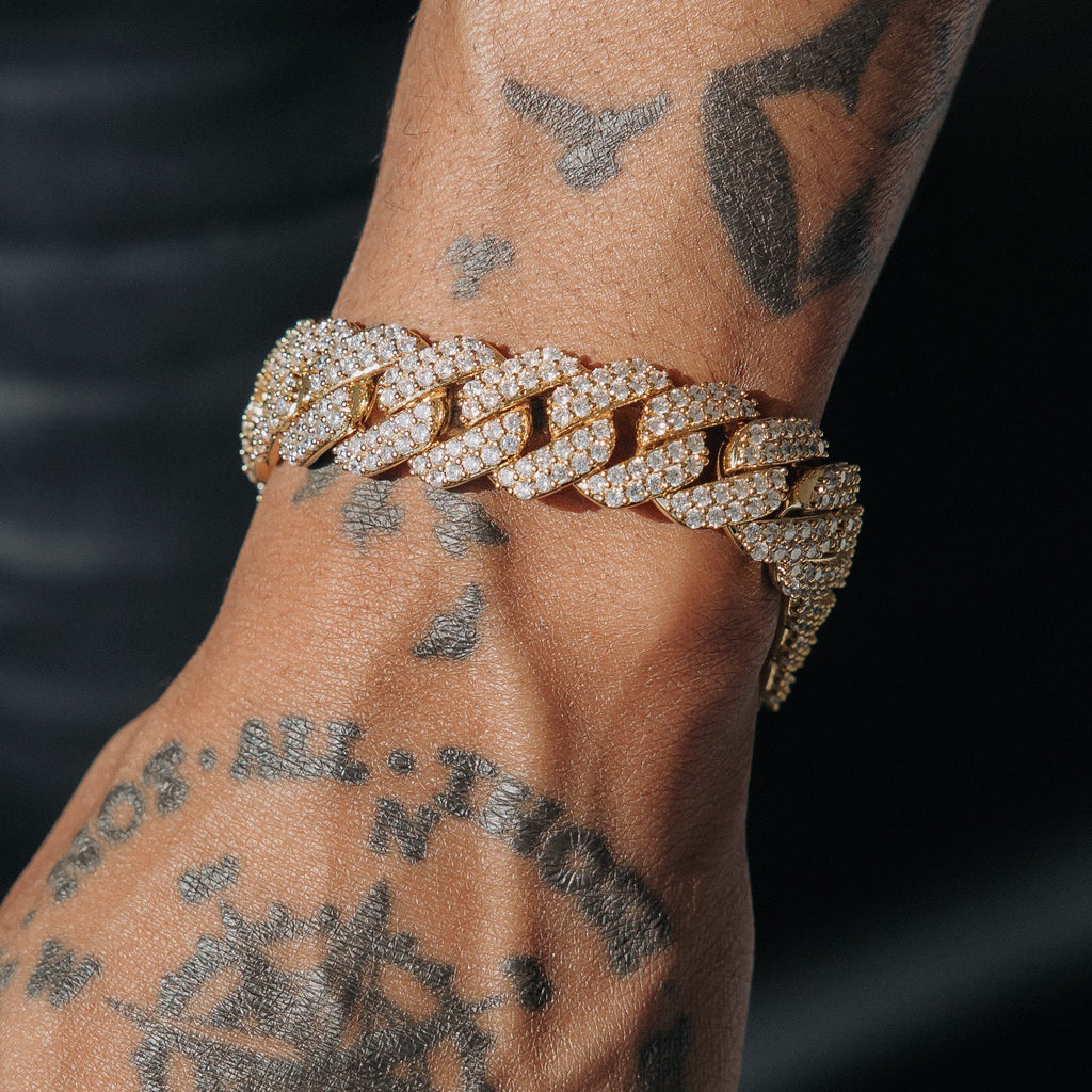 15mm Moissanite Prong Cuban Bracelet 18k Gold