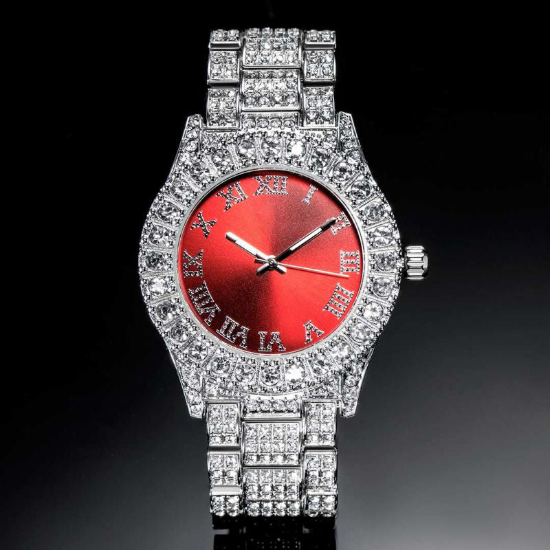 Iced Roman Numerals Watch - Red Dial, 18K White Gold Plated, 45mm