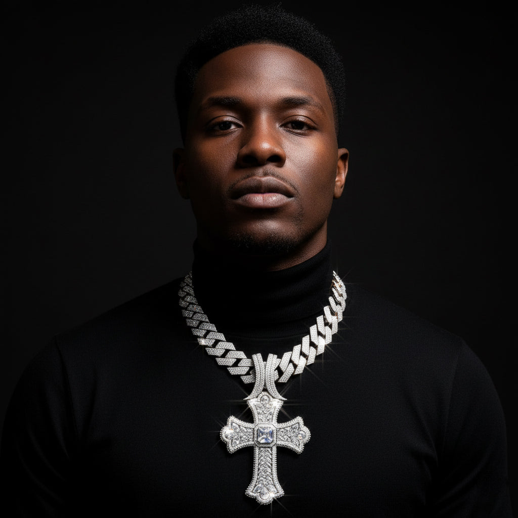 Regal Iced-Out Cross Pendant & Chain Set【A46】