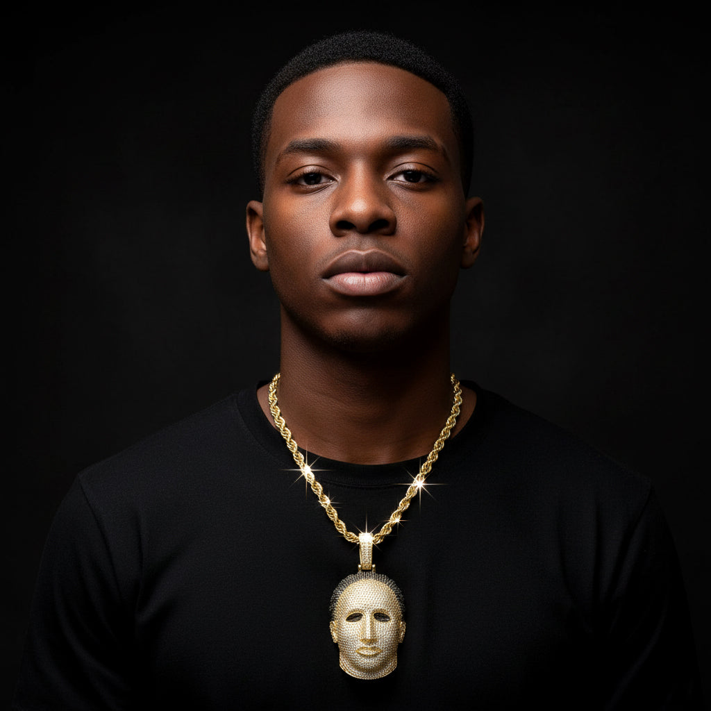 Hip Hop Mystery Mask Iced-Out Pendant, Gold & Silver【A43】