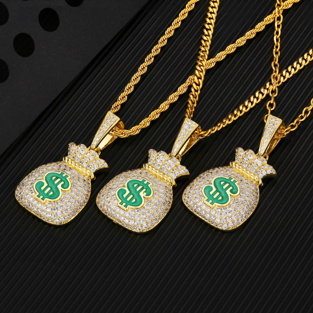 Iced Out Money Bag Mens Moissanite Pendant Necklace in 14K Gold