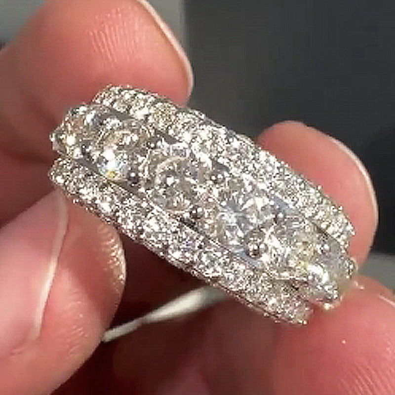 Moissanite Layered Three Row Round Diamond Ring