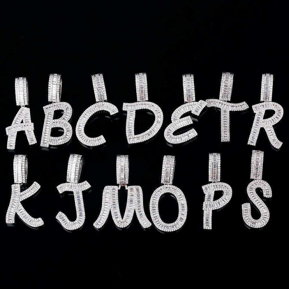 Iced Out Baguette Cut Letters Pendant Name Moissanite Necklace in White Gold/Gold