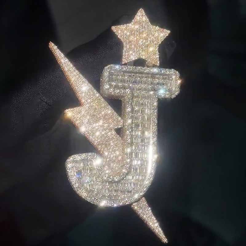 Moissanite Hip Hop 3D Star Lightning Letter "J" Pendant