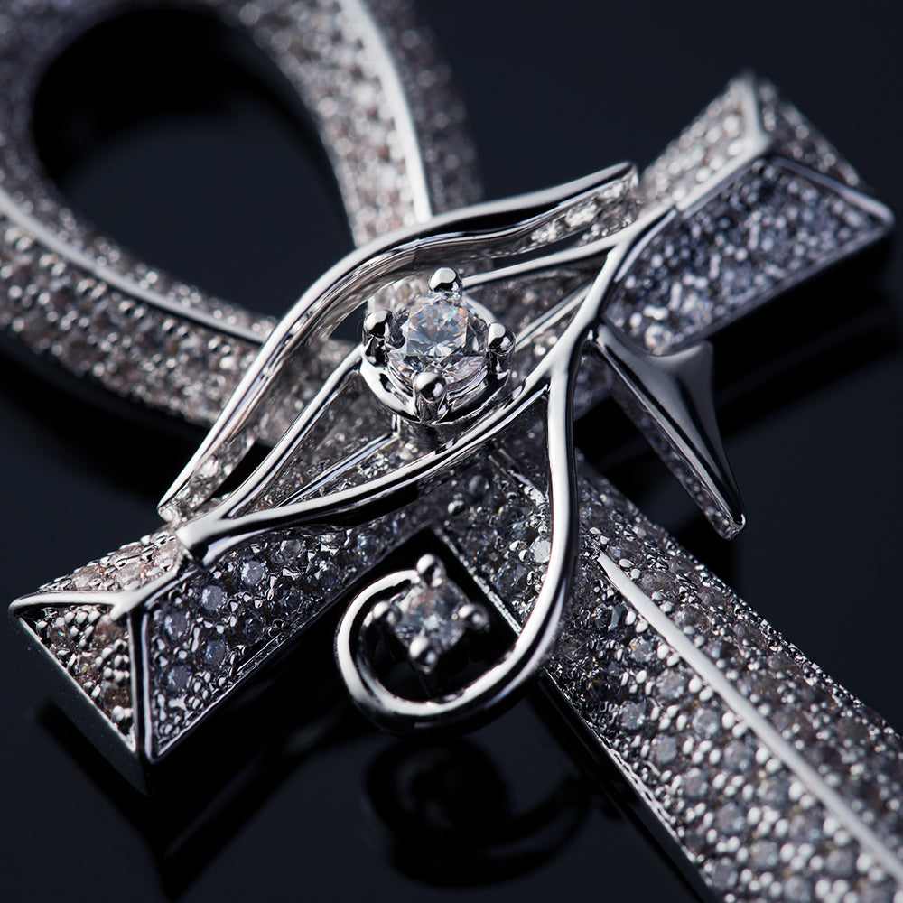 Iced Out The Eye Of Horus Ankh Mens Cross Moissanite Pendant in White Gold