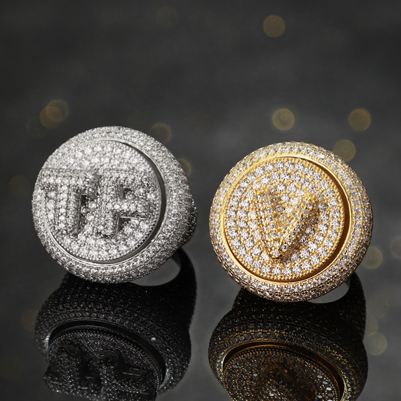 Moissanite 14K Real Gold Plated Shield DIY Custom Letter Rotating Ring