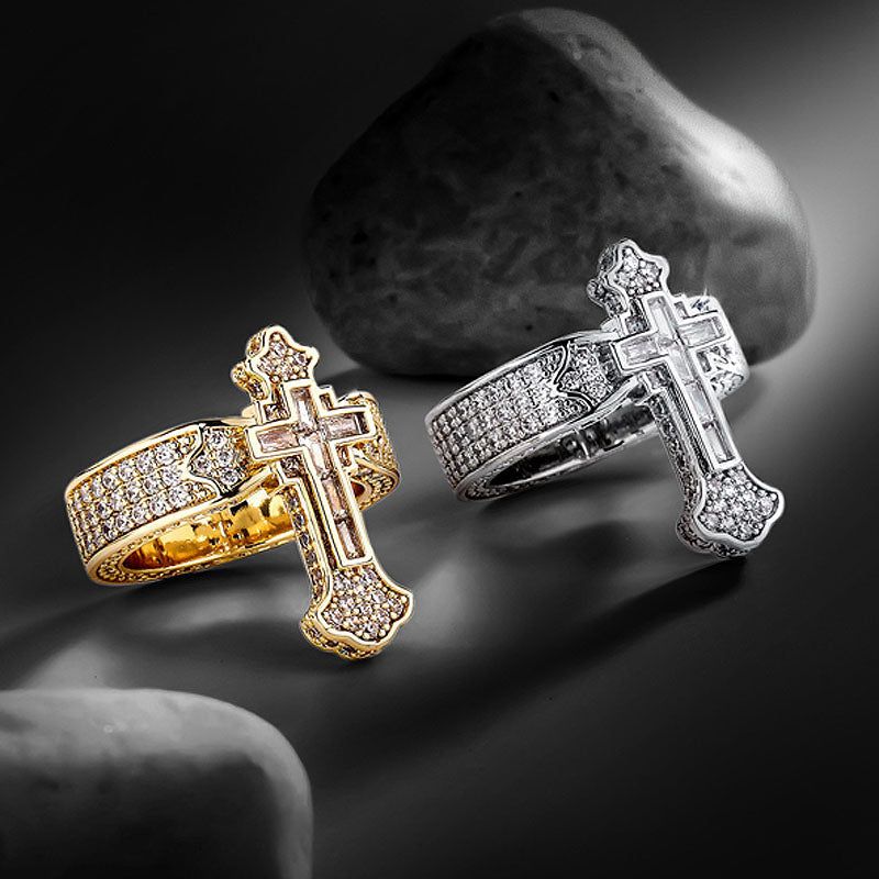 Moissanite Fully Iced Baguette Cut Cross Ring