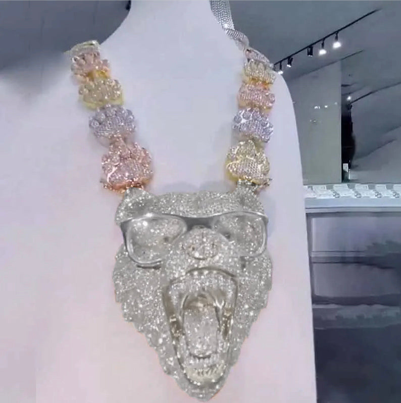 3-D S925 Moissanite Diamond Wearing Glasses Bear Pendant Set