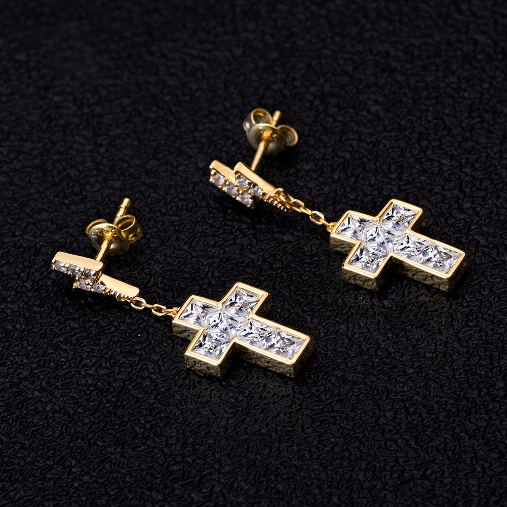 Moissanite Stud Earrings for Men with Gold Cross in 14K Gold