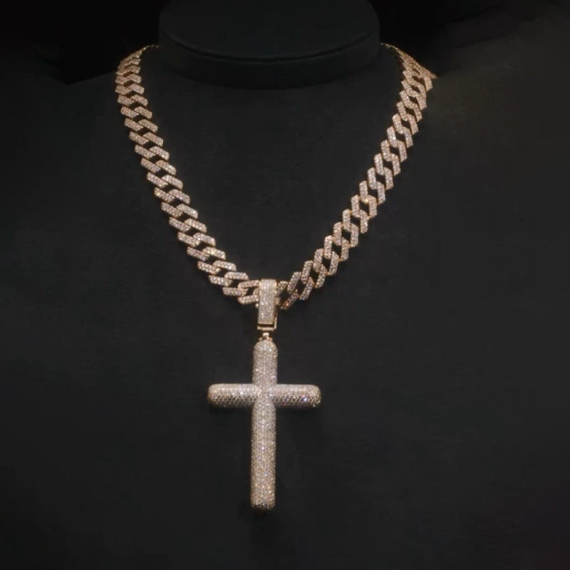 Moissanite Cross Pendant Cuban Chain Set