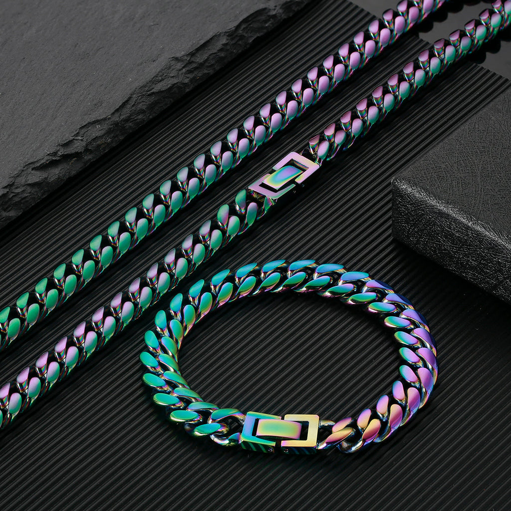 10mm Rainbow Cuban Link Bracelet and Chain Set
