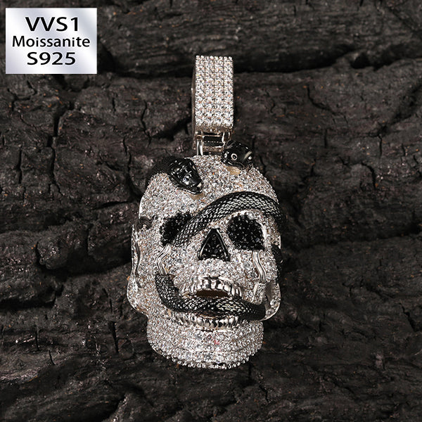 Snake Skull Moissanite Pendant in White & Black Gold