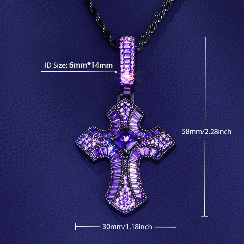 Iced Purple/Fancy Baguette Christian Cross Moissanite Pendant
