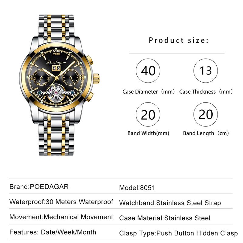 Waterproof Luminous Hollow Tourbillon Stainless Steel Automatic Mechanical Watch