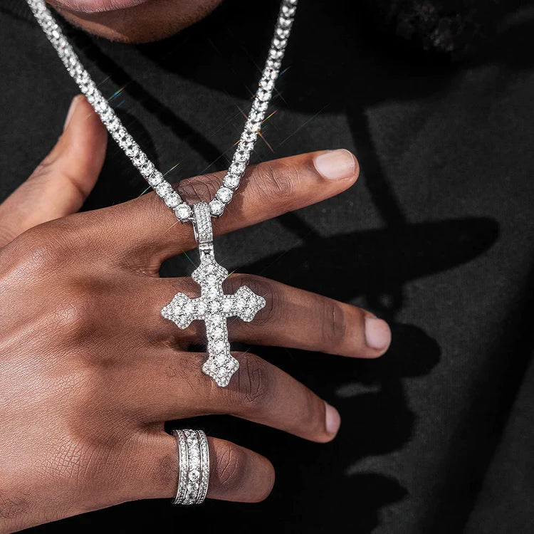 Clustered Cross White Gold Moissanite Pendant