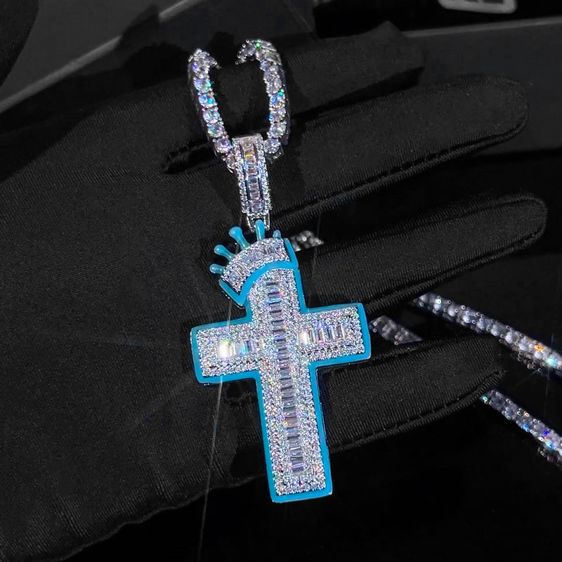 Glow in The Dark Baguette Crown Cross Moissanite Pendant