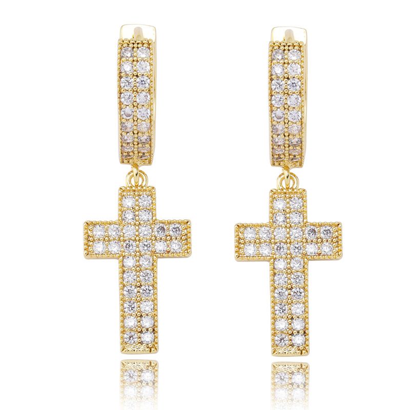 Moissanite Iced Double Rows Cross Earring in Gold