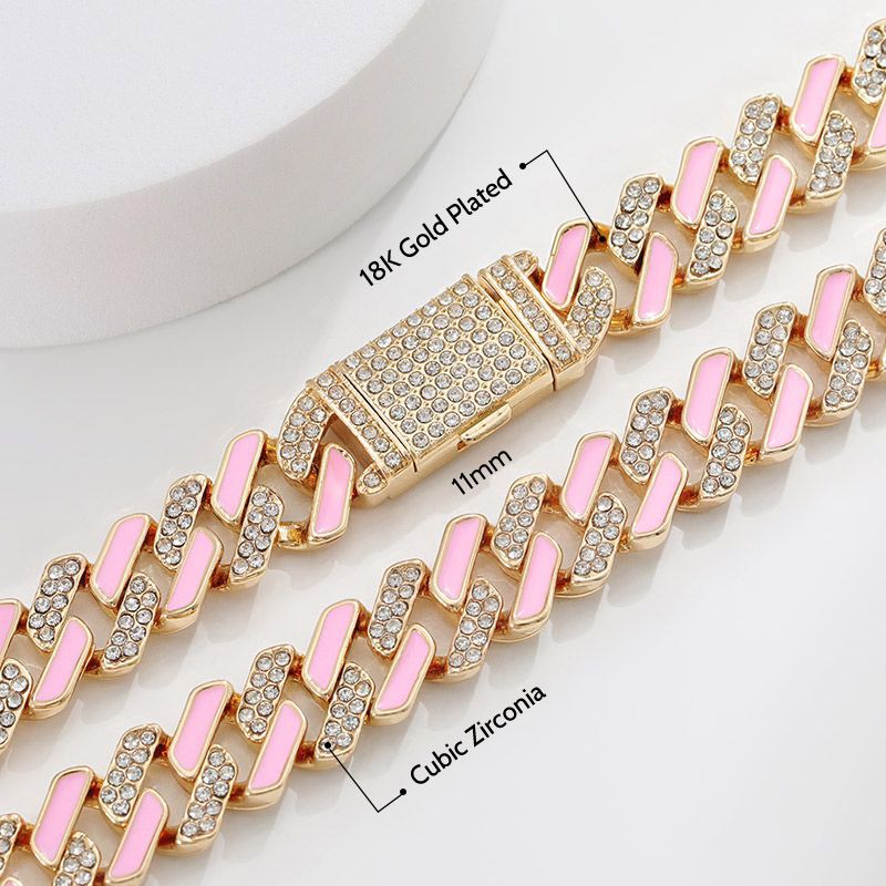 11mm Half Stones and Pink  Cuban Link Choker Set